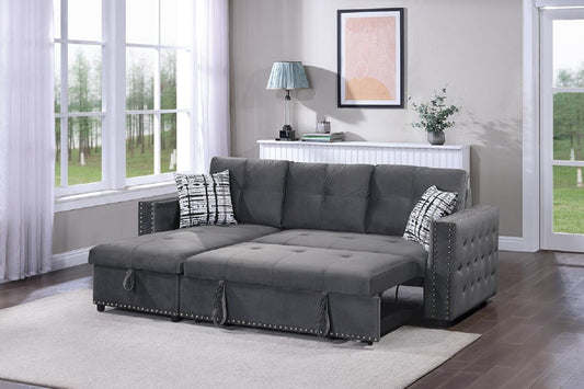 2-Piece Reversible Sectional Sofa with Pull-Out Bed, Storage-Chaise, Tufted Back, Modern Living, Gray