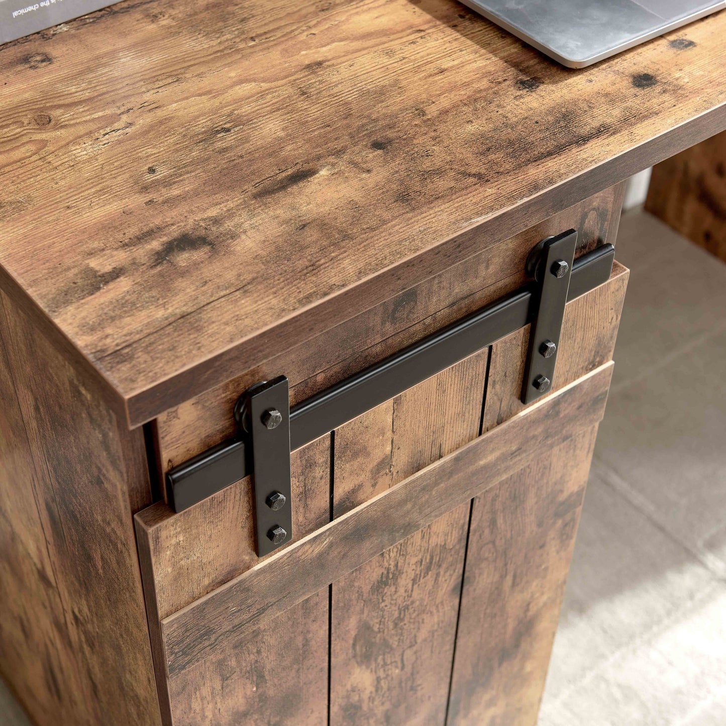 Charming Distressed Wood Home Office Desk with Faux Barn Door Cabinet and Three Adjustable Shelves