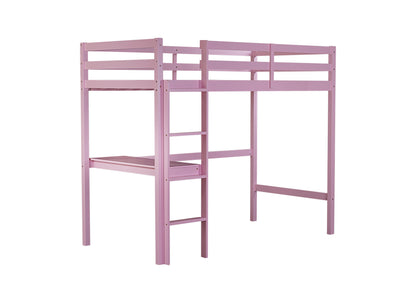 Pink Twin High Loft Bed with Built-in Desk and Safety Guardrails - Rubber Wood Design