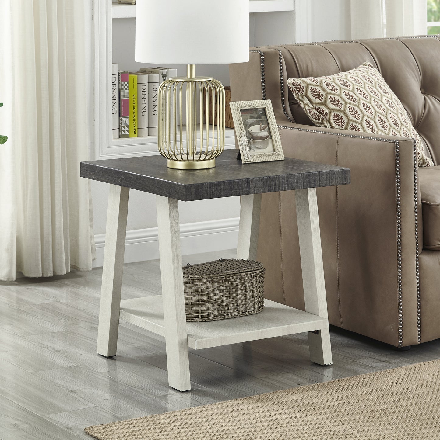 Contemporary Two-Tone Wood End Table, 24W x 22D x 23H, MDF, Splayed Legs, Weathered Charcoal and Beige