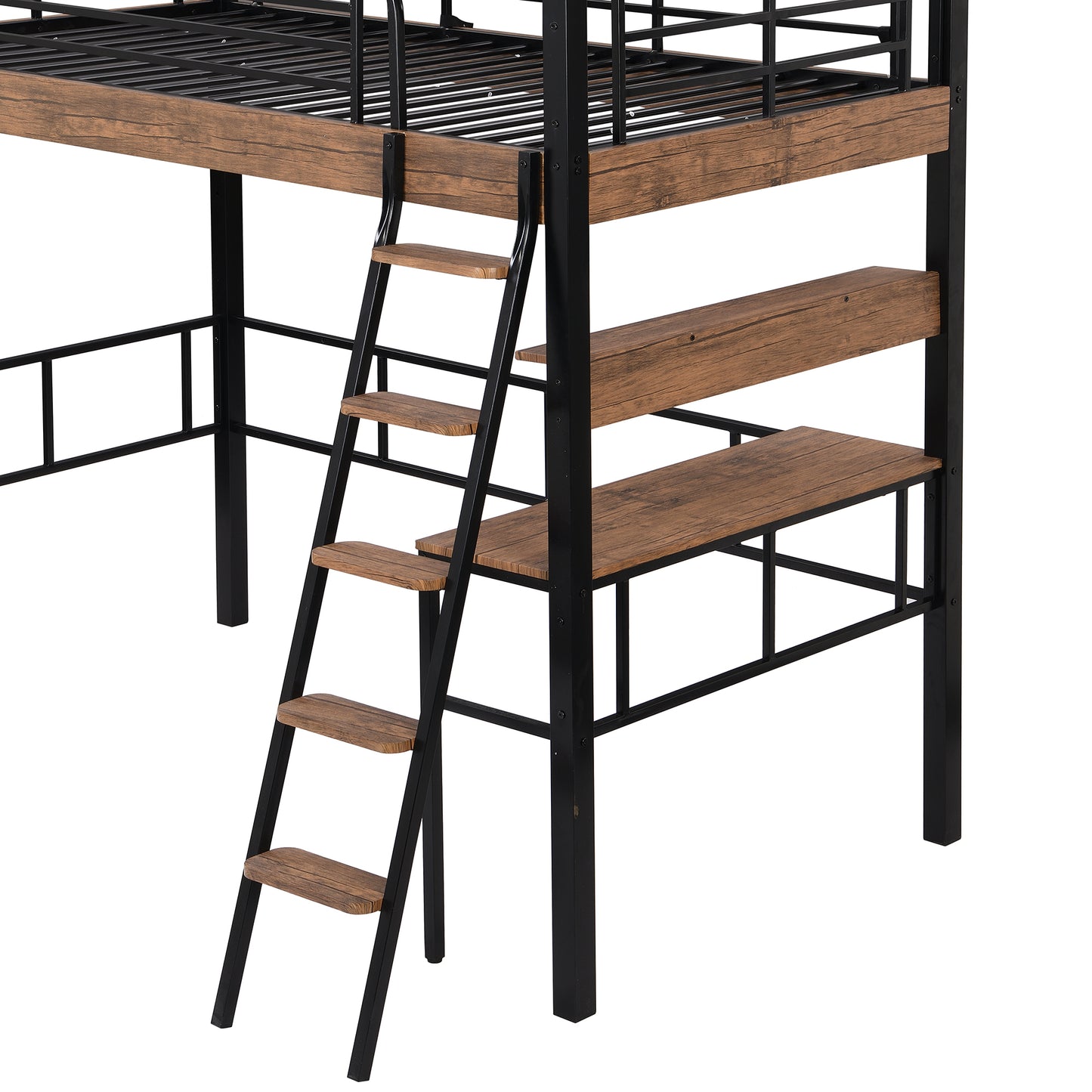 Black Metal Twin Loft Bed with Integrated Desk, Storage Shelf, and Ladder