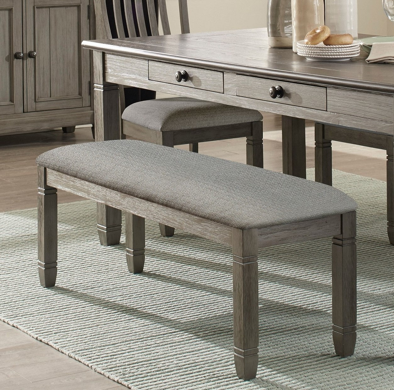 48-Inch Wood Frame Dining Bench with Textured Gray Upholstery, 300 lb Capacity, Dining Room, Antique Gray