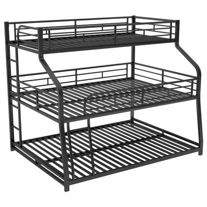 Metal Triple Bunk Bed in Black for Twin XL, Full XL, and Queen Sizes with Dual Ladders and Full-Length Guardrails