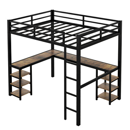 Stylish Full XL Metal Loft Bed with Integrated Desk and Storage Shelves, Ideal Space-Saving Solution for Bedrooms, Black Finish