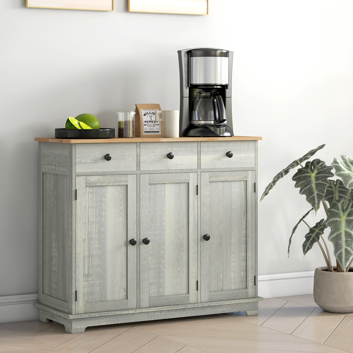 HOMCOM Sideboard with Solid Wood Countertop, Modern Kitchen Storage Cabinet, Coffee Bar Cabinet with 3 Drawers, Doors and Adjustable Shelf, Distressed Light Gray