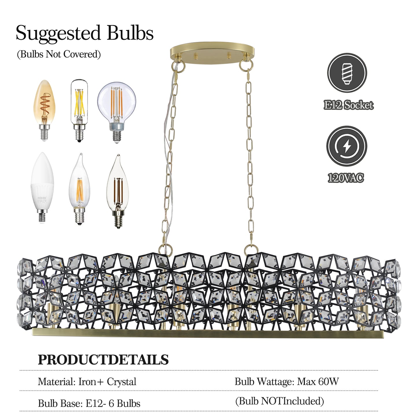 Oval Crystal Chandelier, K9 Crystals, 39.4in L x 11.8in W, 6-Light E12, Sand Gold with Black Finish