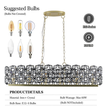 Oval Crystal Chandelier, K9 Crystals, 39.4in L x 11.8in W, 6-Light E12, Sand Gold with Black Finish