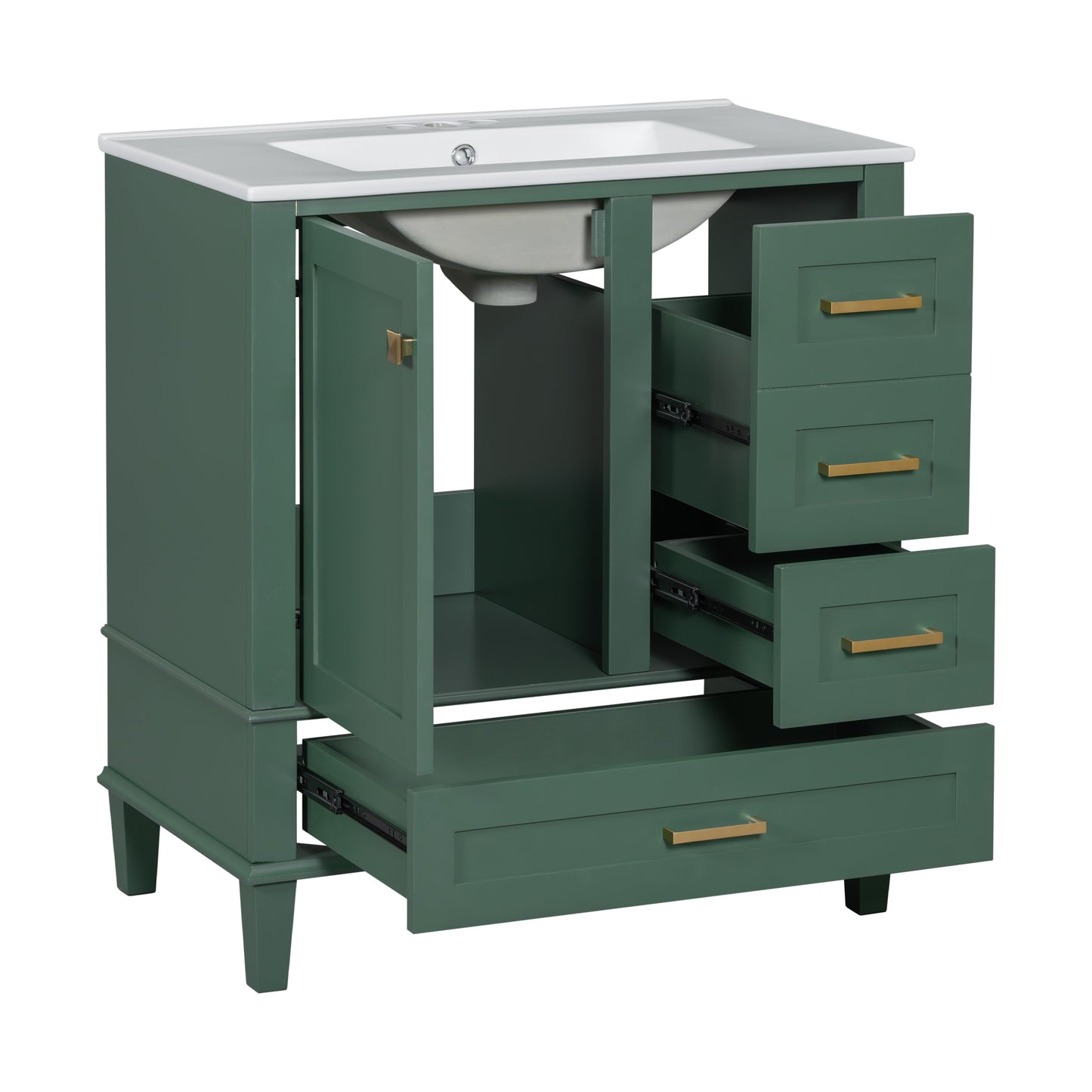 30" Stylish Green Bathroom Vanity with Soft-Close Doors and Sink Combo, Modern Cabinet Featuring 3 Spacious Drawers and Solid Wood Frame