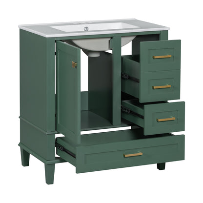 30" Stylish Green Bathroom Vanity with Soft-Close Doors and Sink Combo, Modern Cabinet Featuring 3 Spacious Drawers and Solid Wood Frame