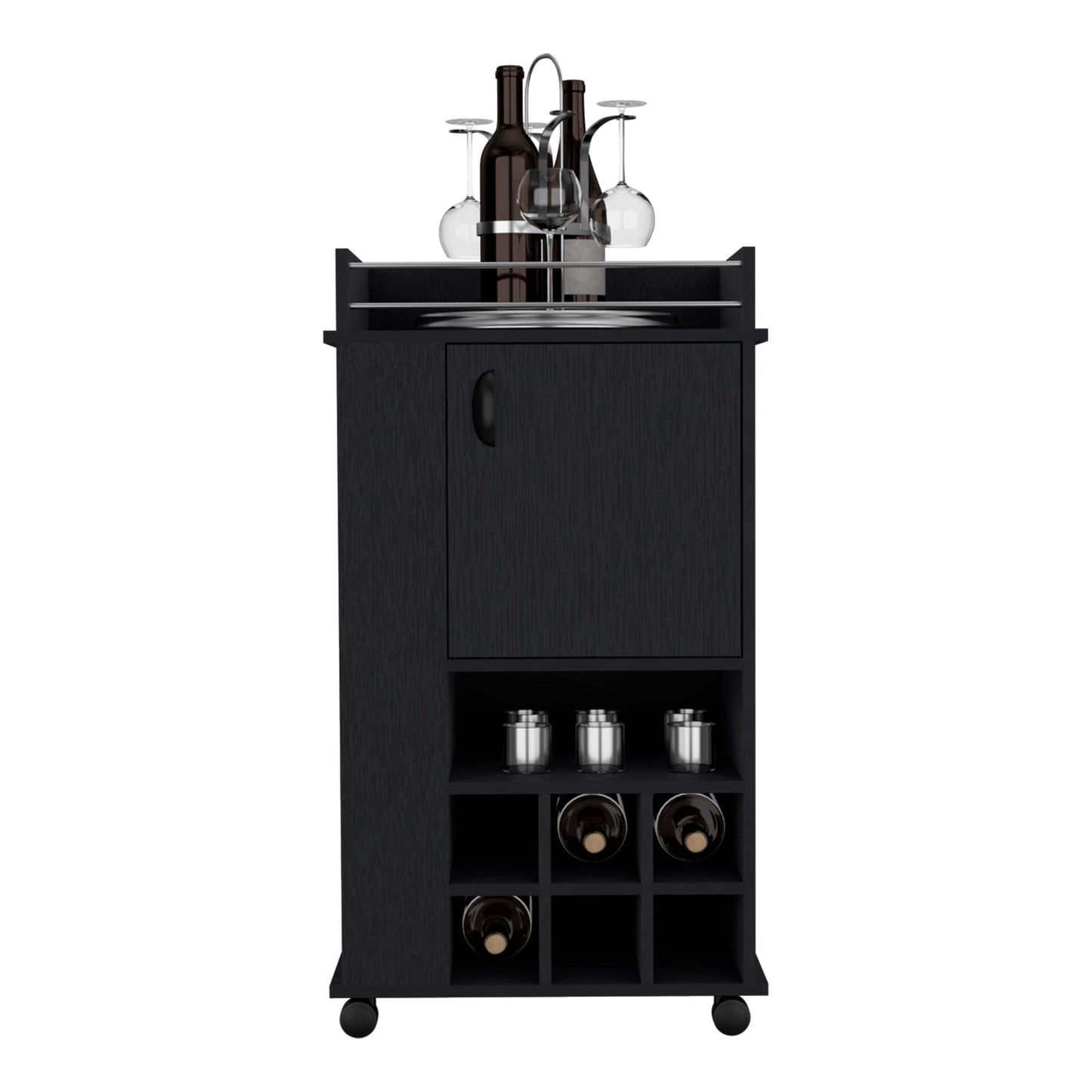 Black Bar Cart With 6 Wine Rack Compartments And Casters