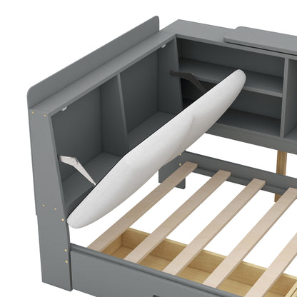 Gray Wood Twin Platform Bed with Storage Headboard, Shelves, and Dual Drawers