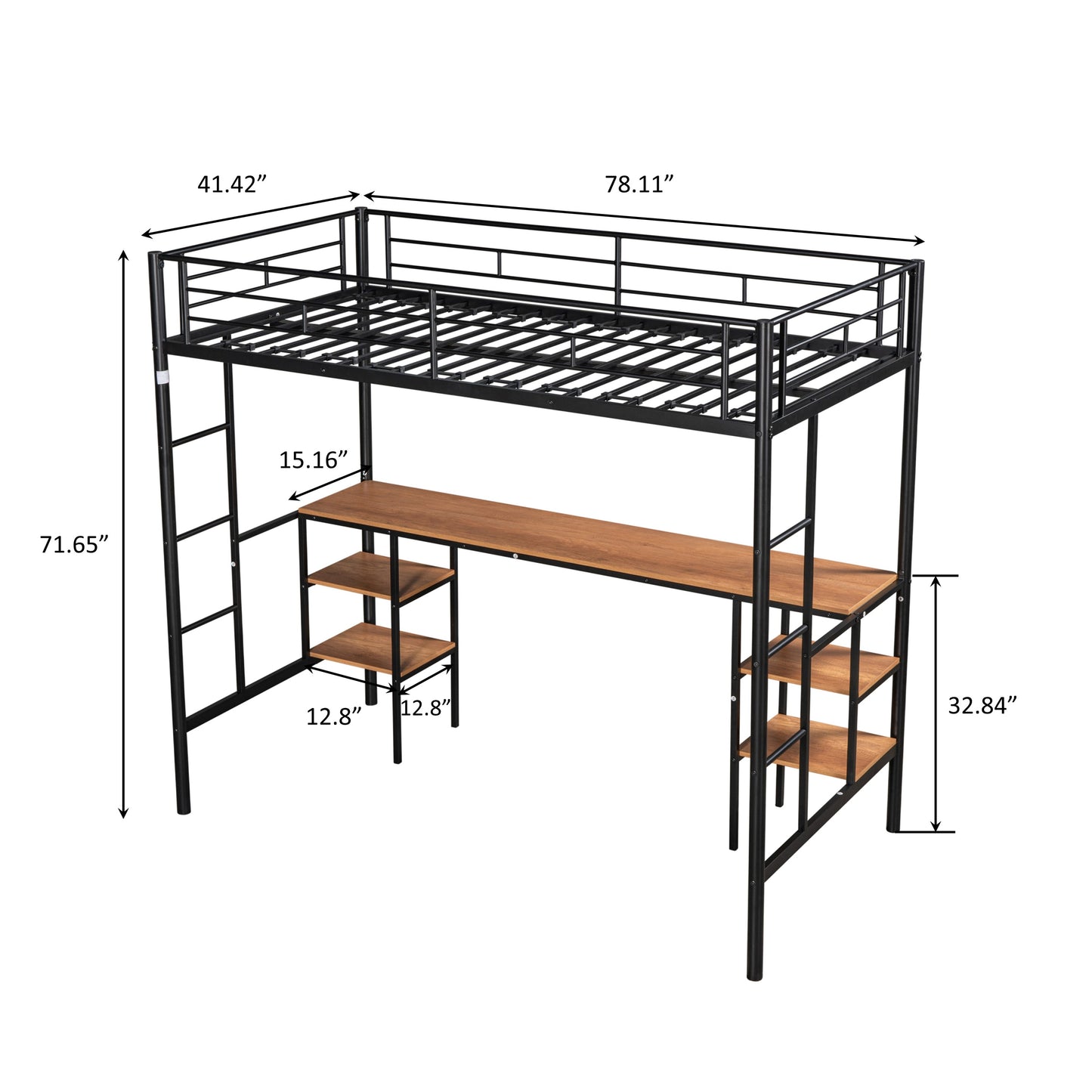 Twin Loft Bed with Integrated Desk & Storage Shelves - Sturdy Metal Construction, Noise Reduction Features, Safety Guardrails, and Dual Side Ladders - No Box Spring Required
