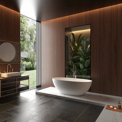 Luxury 65" Matte White Freestanding Soaking Bathtub, Handcrafted Solid Surface with Overflow and Pop-up Drain