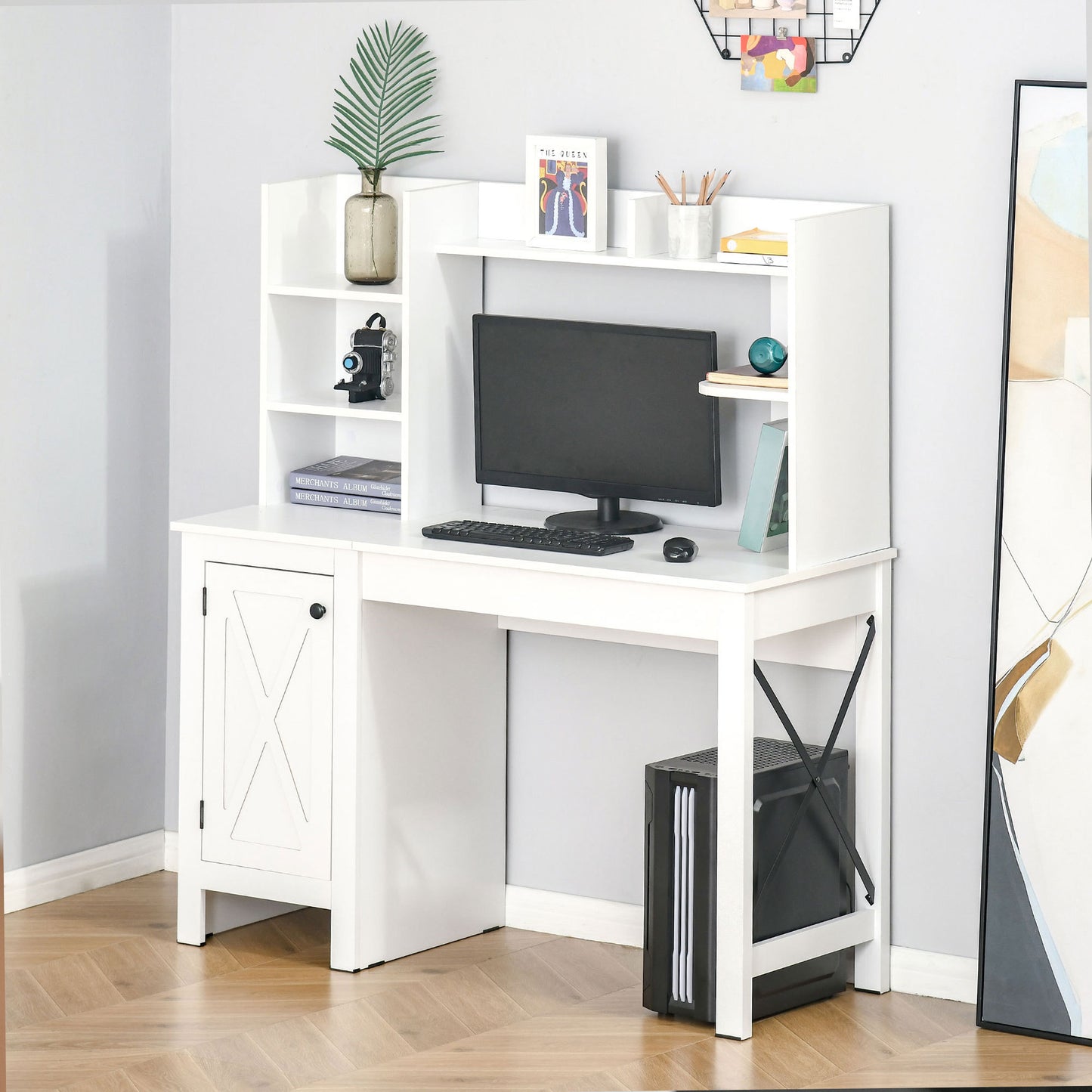 HOMCOM Rustic Style Home Office Desk with Hutch and Storage Cabinet, White Computer Table for Study and Organization