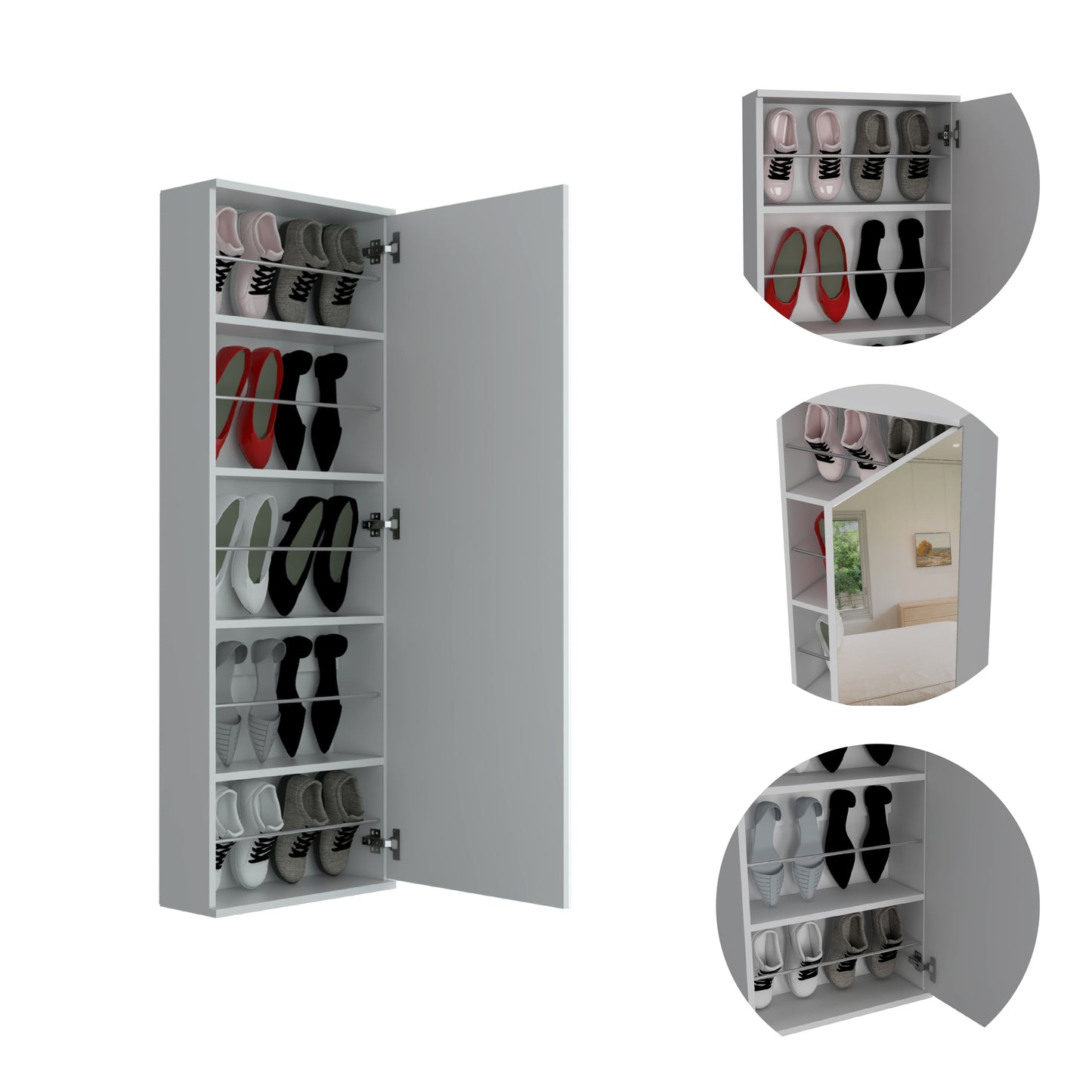 Montauk Modern 5-Shelf Wall-Mounted Shoe Organizer with Full-Length Mirror in Light Grey