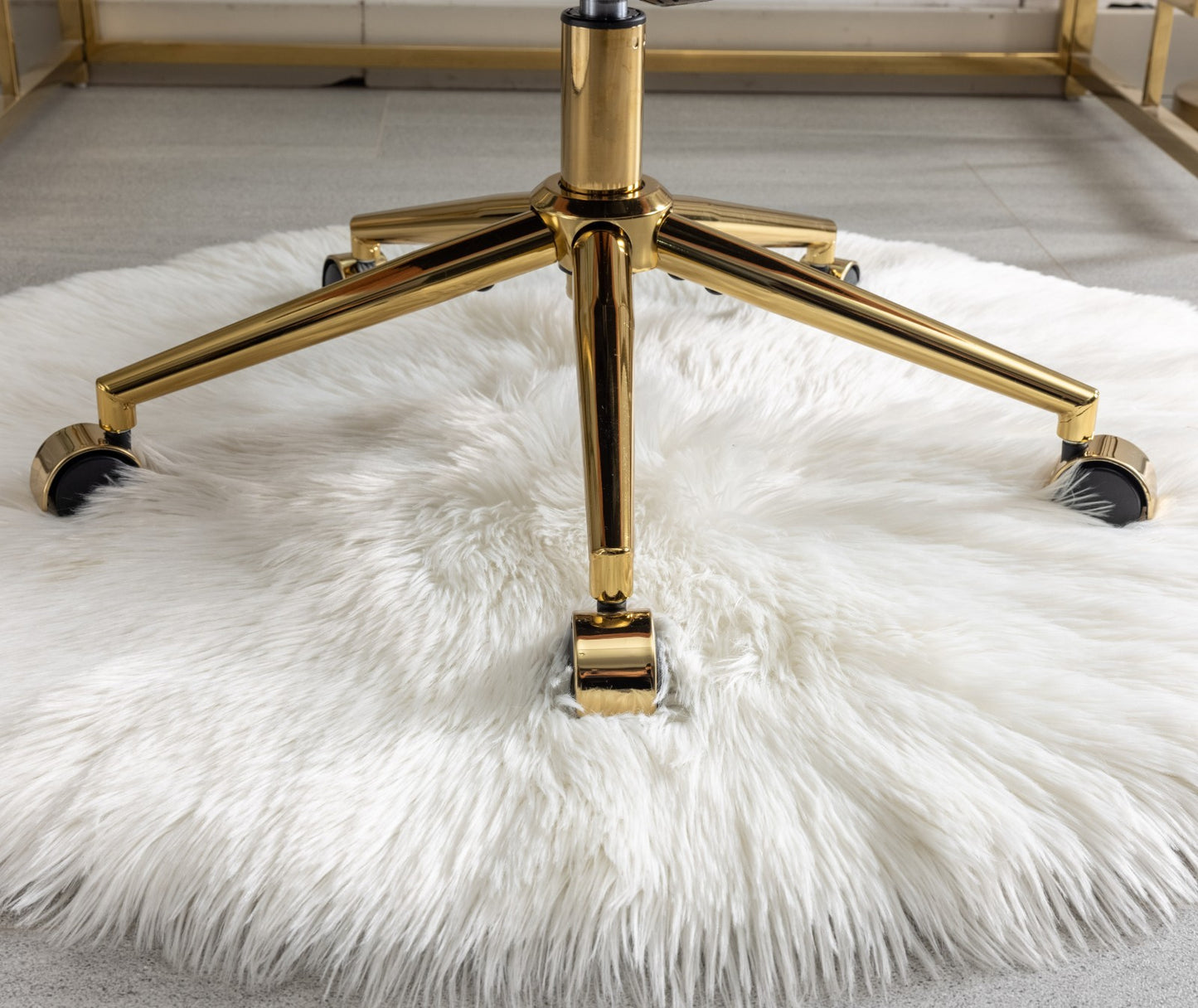 Elegant Pink Upholstered Office Chair with Golden Base - Adjustable Swivel Vanity Chair with Rabbit Fur Cushion