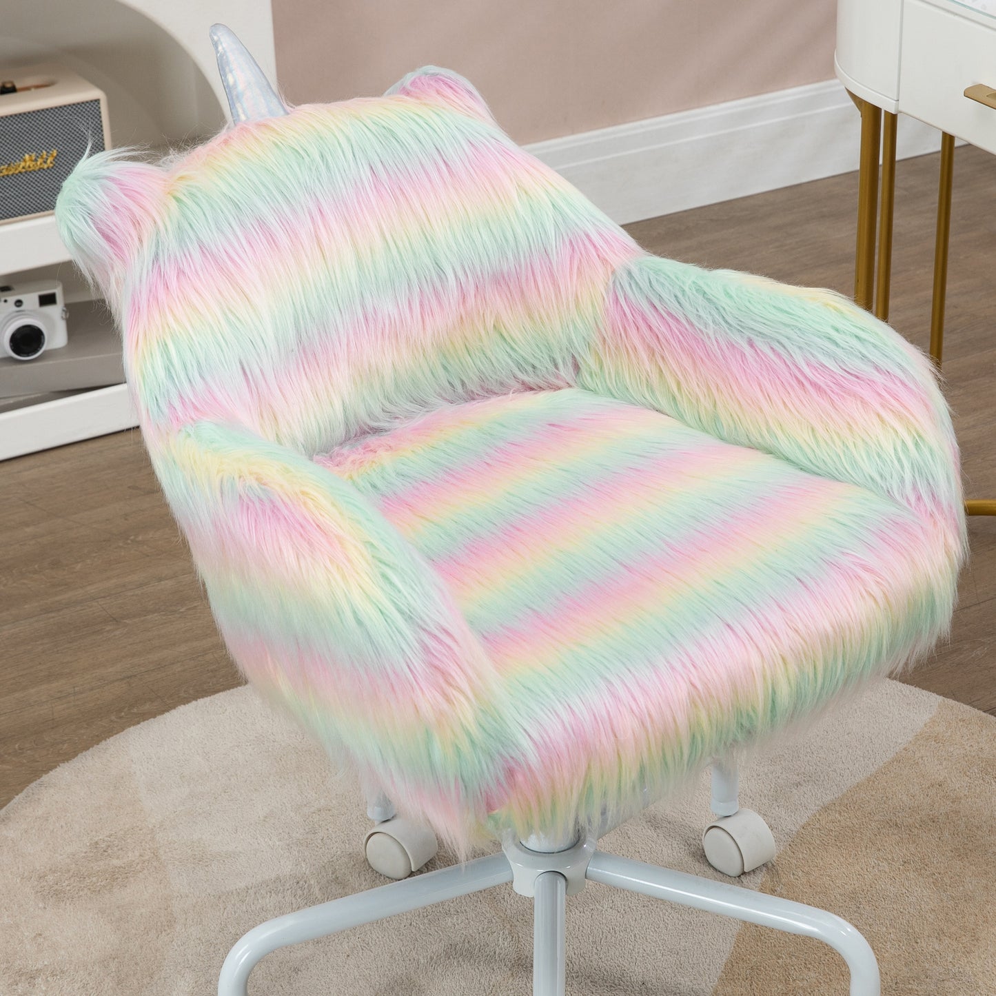 Colorful Fluffy Unicorn Desk Chair with Adjustable Height and 360° Swivel Base
