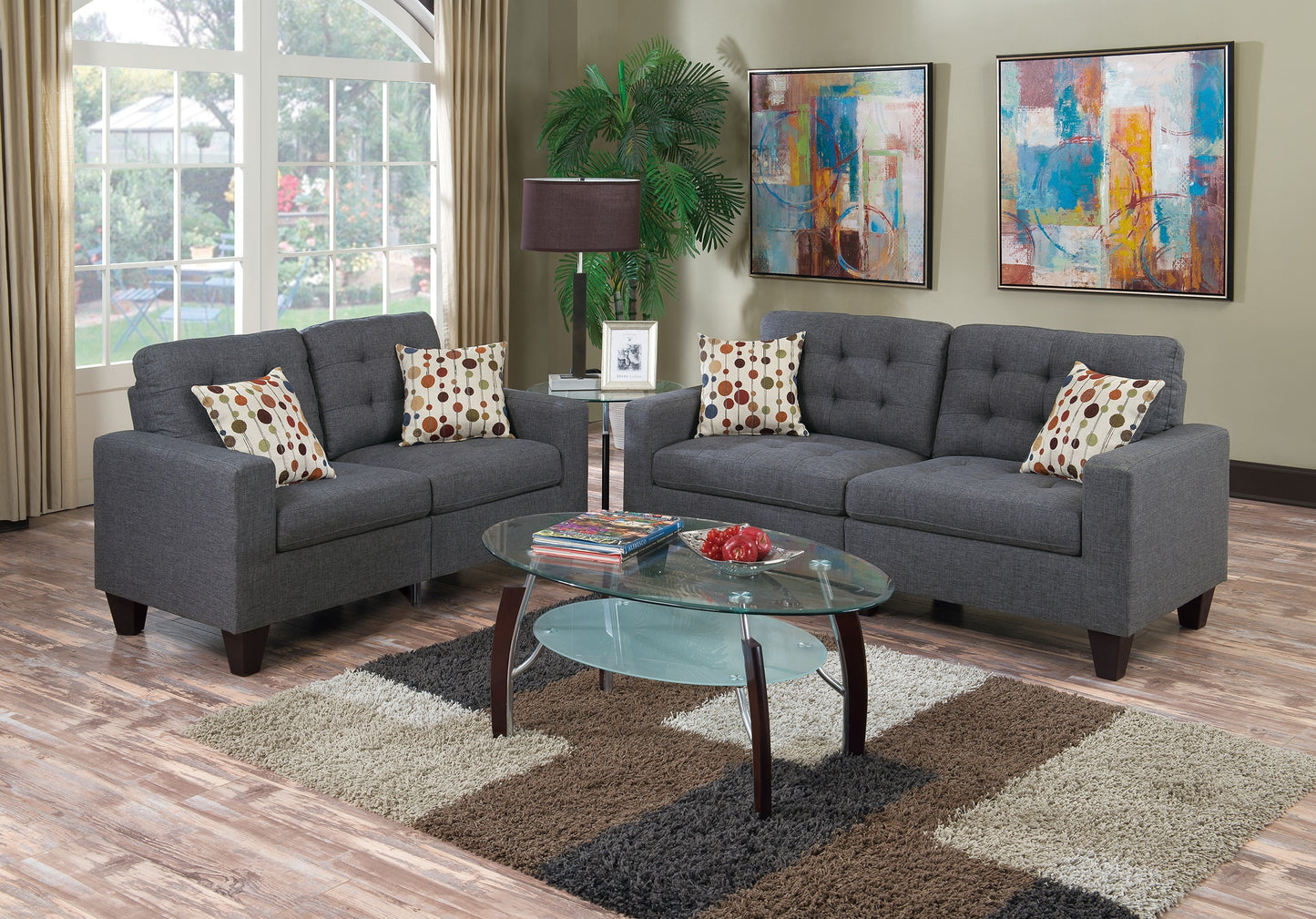2pc Modern Living Room Sofa Set: 72in Sofa, 58in Loveseat, Linen-Like Polyfiber, Pine Frame Blue Grey