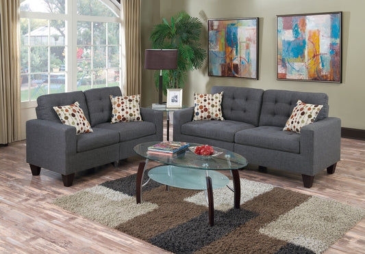 2pc Modern Living Room Sofa Set: 72in Sofa, 58in Loveseat, Linen-Like Polyfiber, Pine Frame Blue Grey