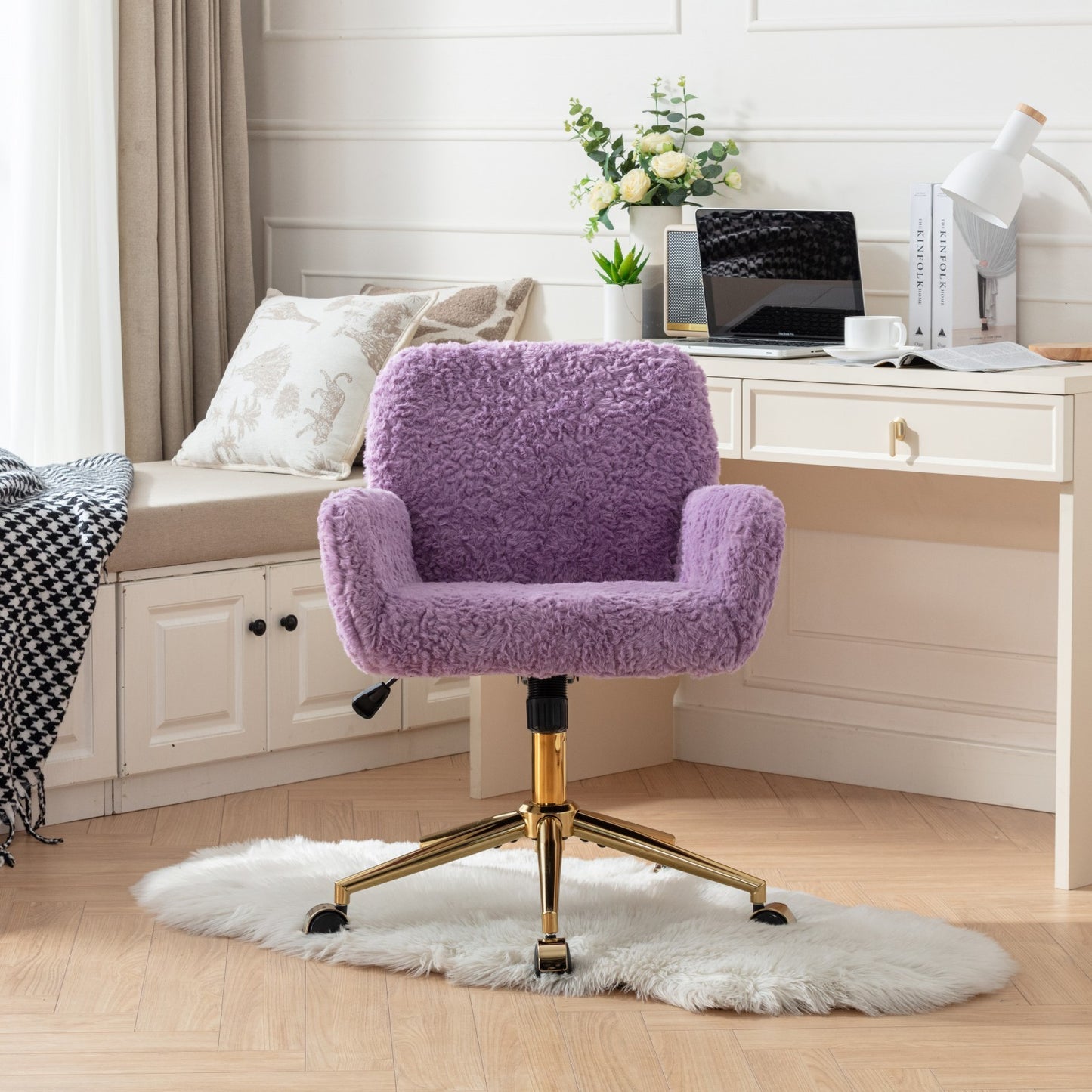 Violet Velvet Office Chair with Golden Base, Adjustable Swivel Design, Plush Artificial Alpaca Wool Upholstery, Ideal for Home and Vanity Use