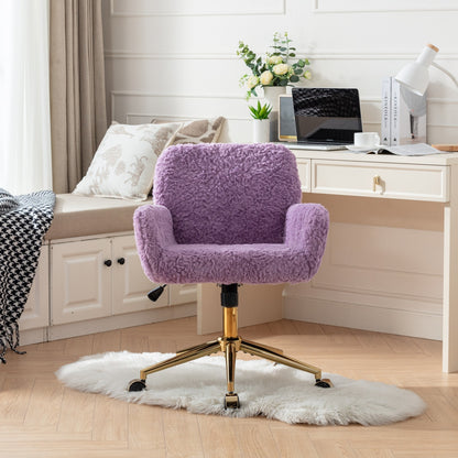 Violet Velvet Office Chair with Golden Base, Adjustable Swivel Design, Plush Artificial Alpaca Wool Upholstery, Ideal for Home and Vanity Use