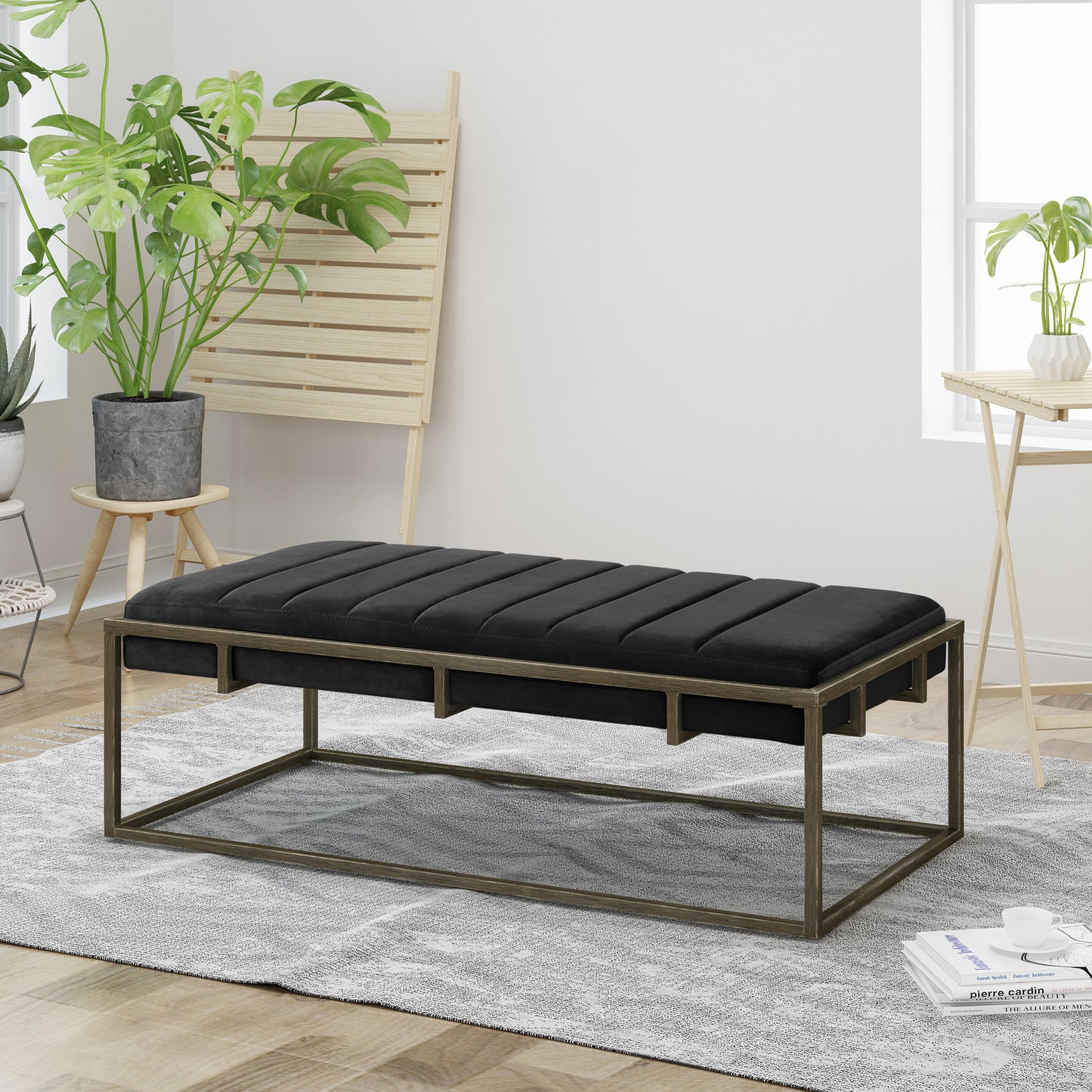 Velvet Upholstered Ottoman Bench with Brass-Finish Metal Frame, Channel-Pleated, 49x25x16 in, Black