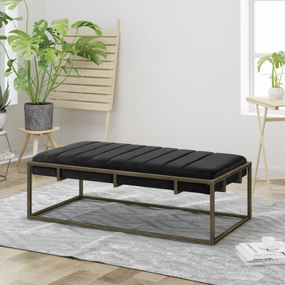 Velvet Upholstered Ottoman Bench with Brass-Finish Metal Frame, Channel-Pleated, 49x25x16 in, Black