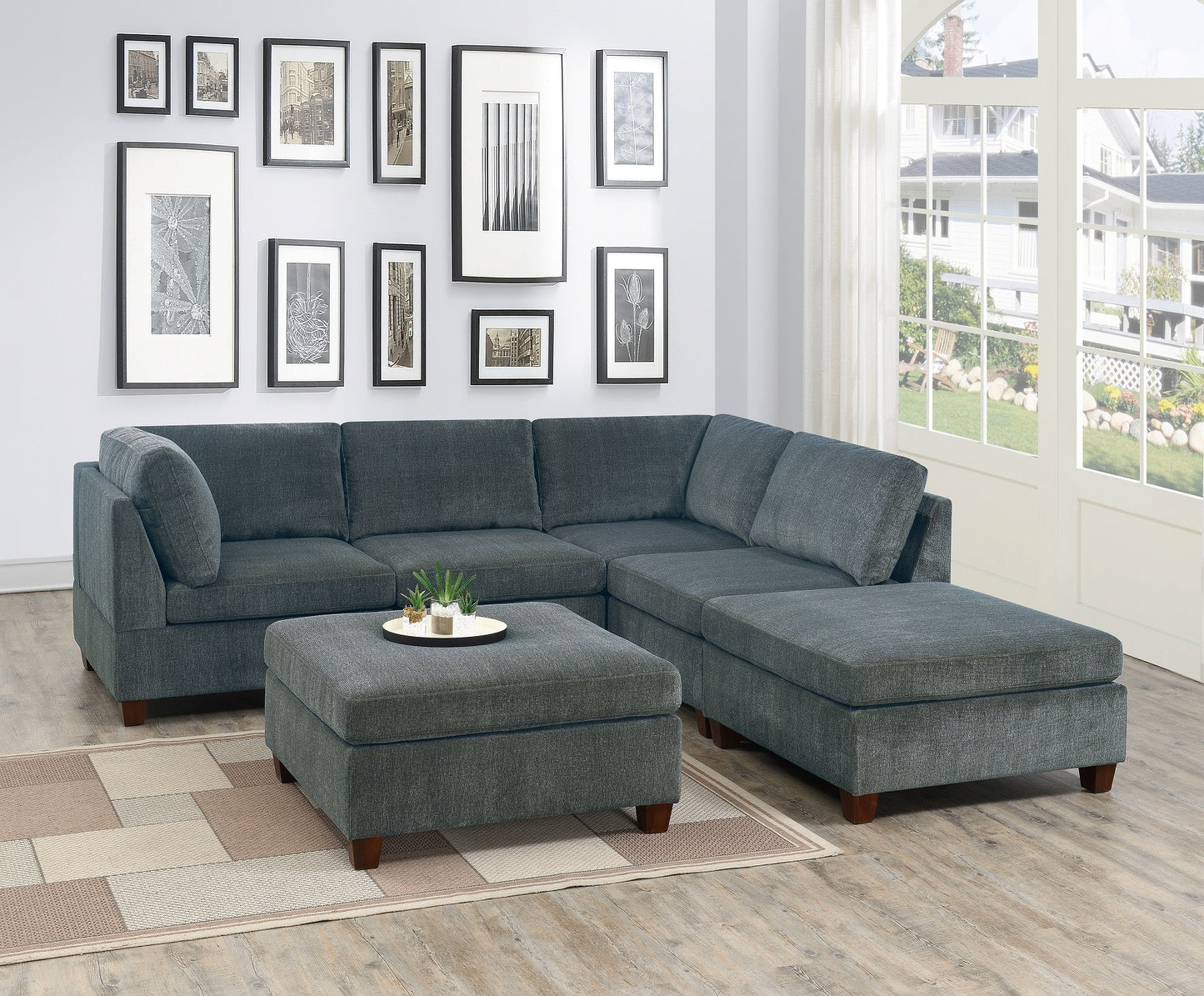 6pc Modular Corner L-Shaped Sectional Sofa Set with 2 Wedges, Chenille Upholstery, Plywood Frame, Grey