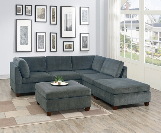 6pc Modular Corner L-Shaped Sectional Sofa Set with 2 Wedges, Chenille Upholstery, Plywood Frame, Grey