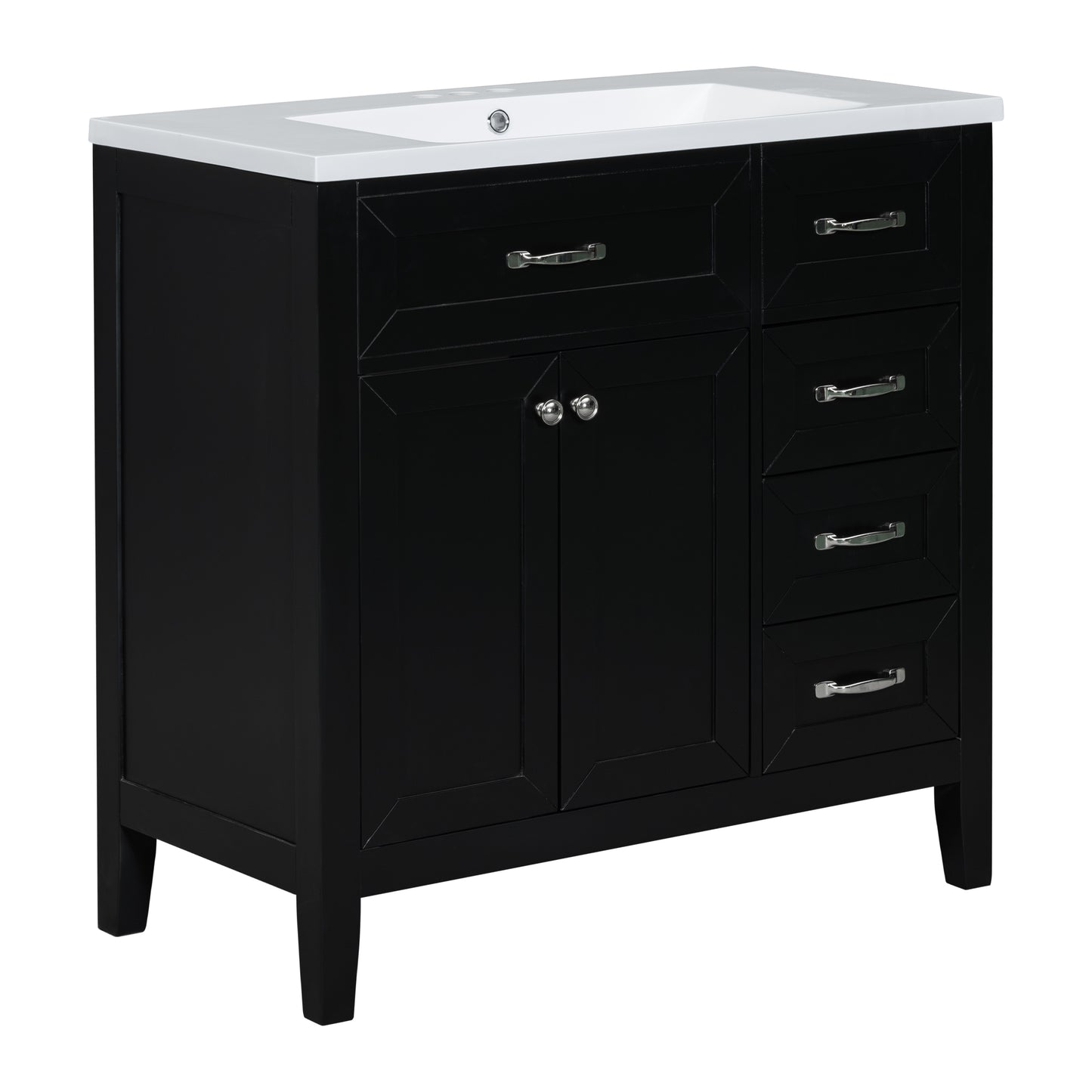 Stylish 36-Inch Black Bathroom Vanity with Integrated Sink, Durable MDF and Solid Wood Construction, Convenient Storage Drawers