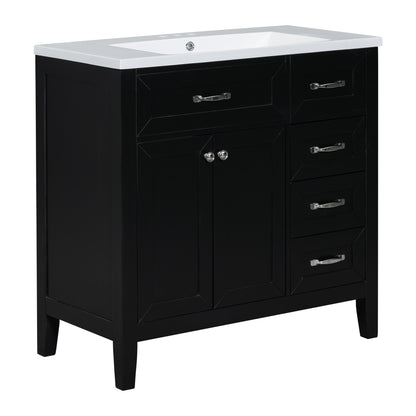 Stylish 36-Inch Black Bathroom Vanity with Integrated Sink, Durable MDF and Solid Wood Construction, Convenient Storage Drawers