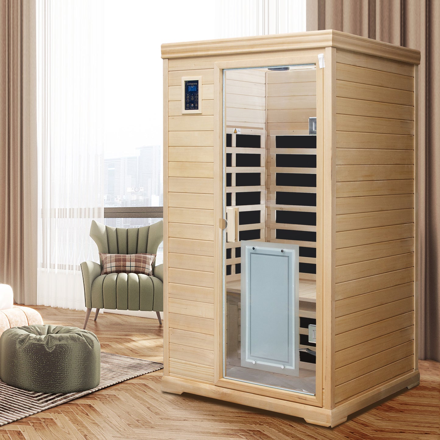 Two-Person Far-Infrared Hemlock Indoor Sauna with 9 Heating Panels, LCD Touch, Bluetooth, 1750W - Natural