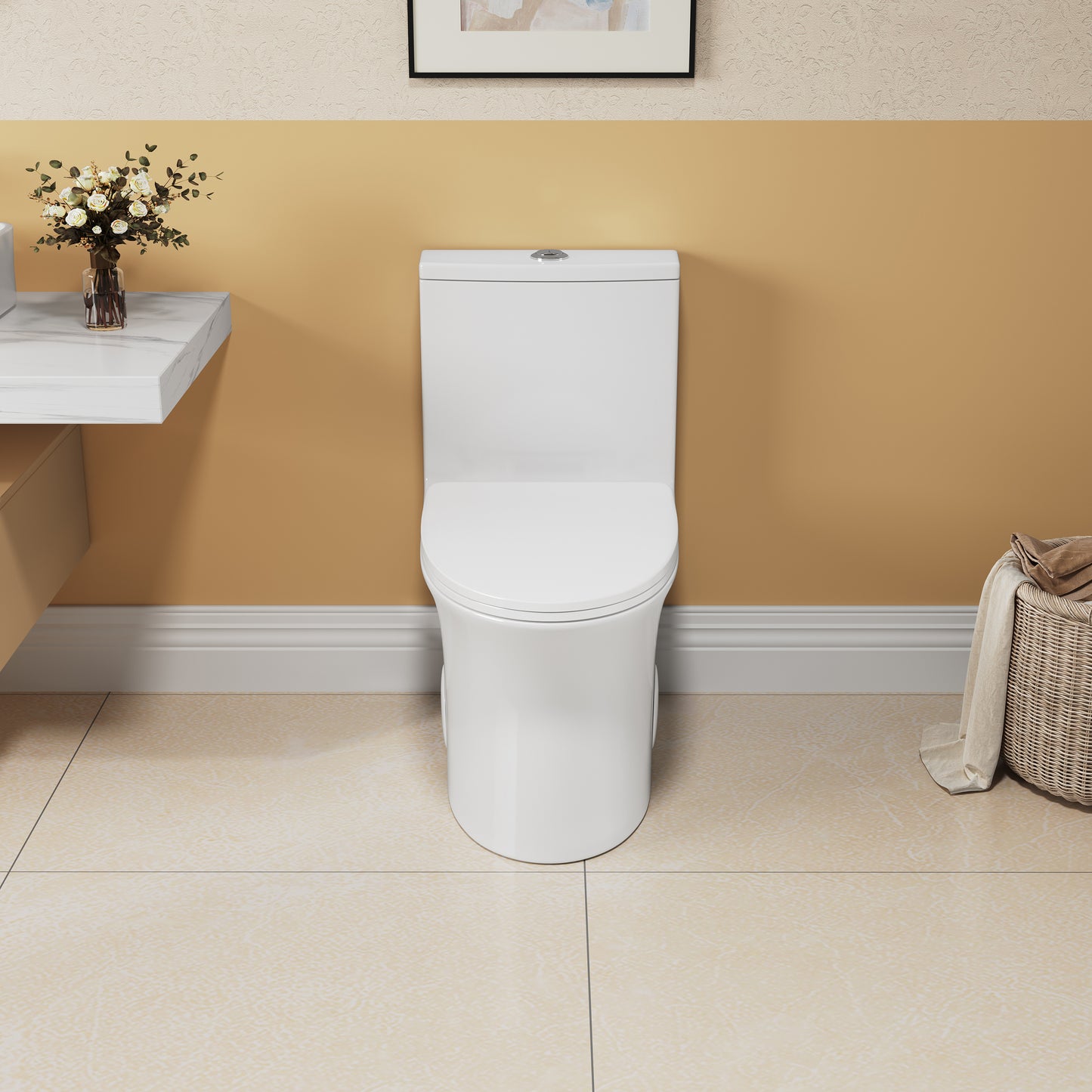 Comfort Height Elongated One-Piece Toilet with Dual-Flush System, CUPC & WaterSense Certified, White Ceramic, Soft Close Seat T039WT