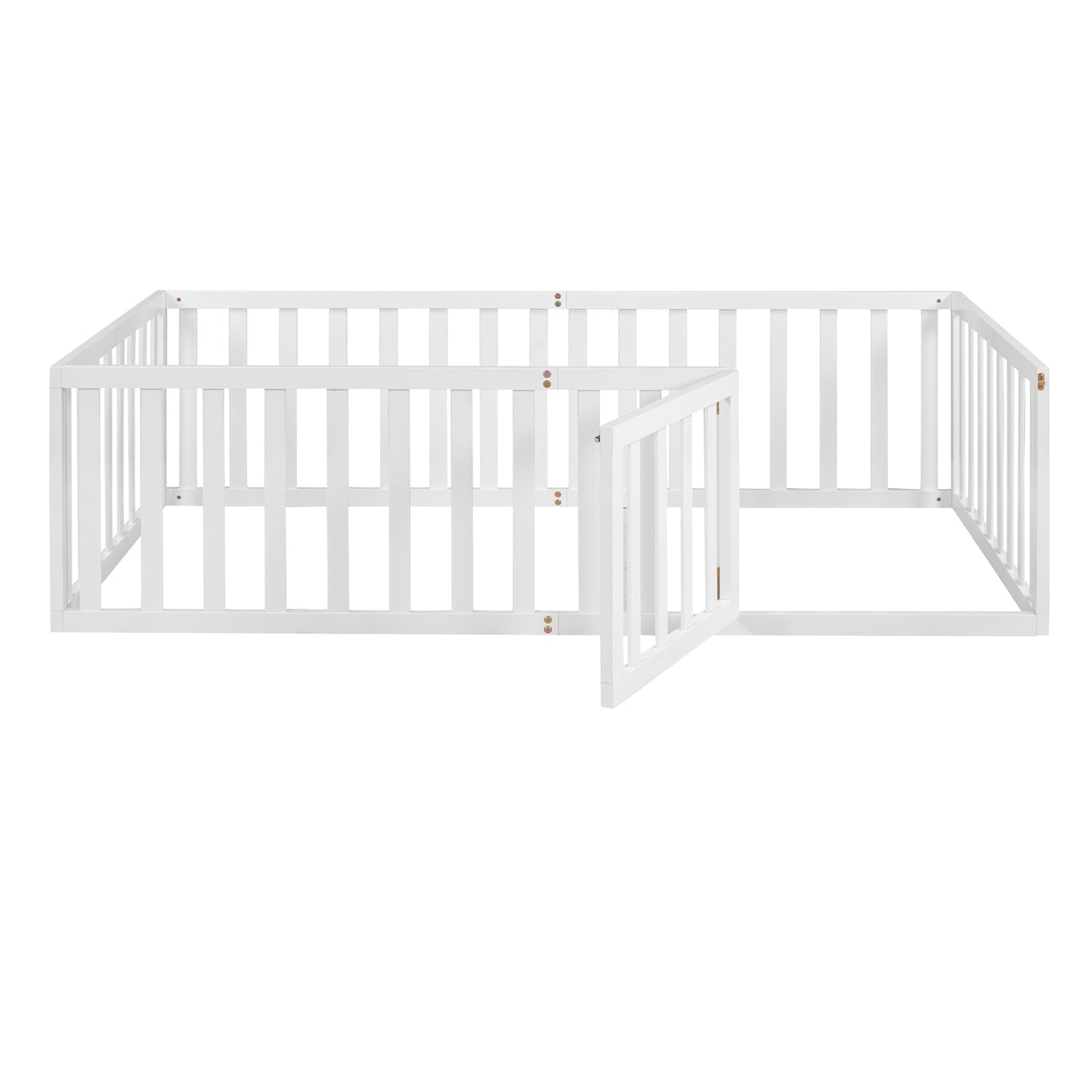 Playful Twin Wooden Floor Bed Frame for Kids with Fence and Door, White