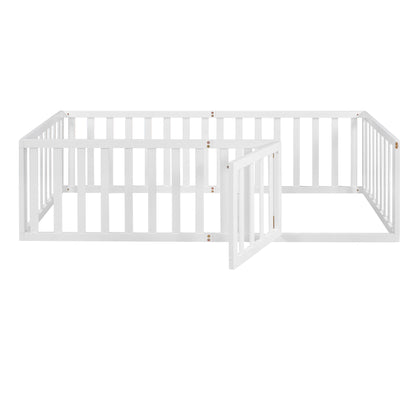 Playful Twin Wooden Floor Bed Frame for Kids with Fence and Door, White