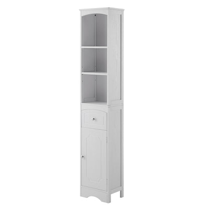 White Freestanding Tall Storage Cabinet for Bathroom with Adjustable Shelves and Drawer, MDF Construction