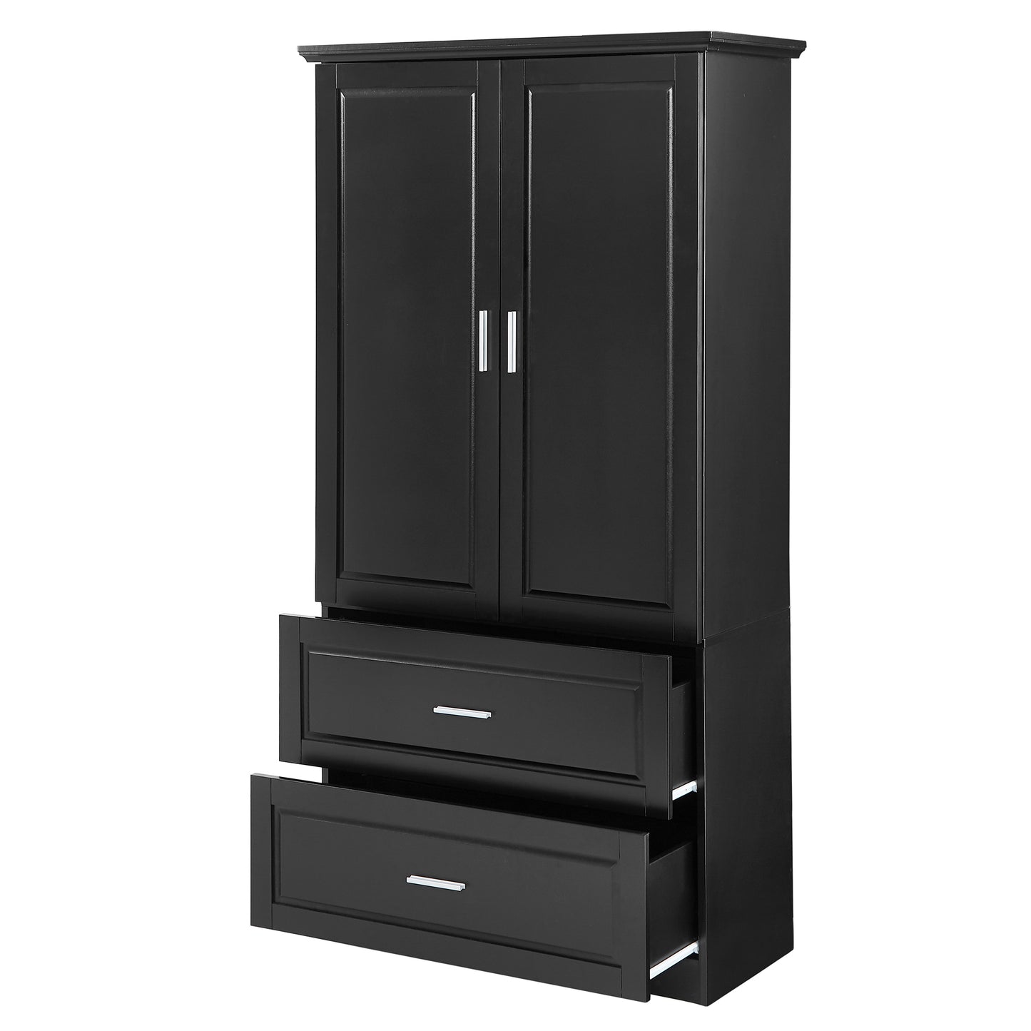 Black Tall Storage Cabinet with Adjustable Shelves, Doors, and Drawers - MDF Construction