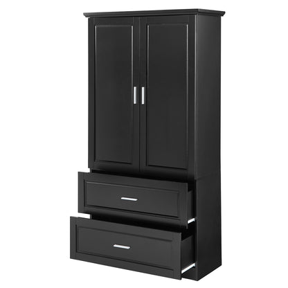 Black Tall Storage Cabinet with Adjustable Shelves, Doors, and Drawers - MDF Construction
