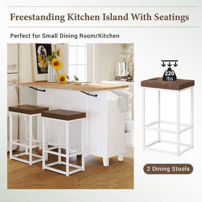 Rustic White Farmhouse Kitchen Island Set with Drop Leaf, 2 Stools, and Ample Storage