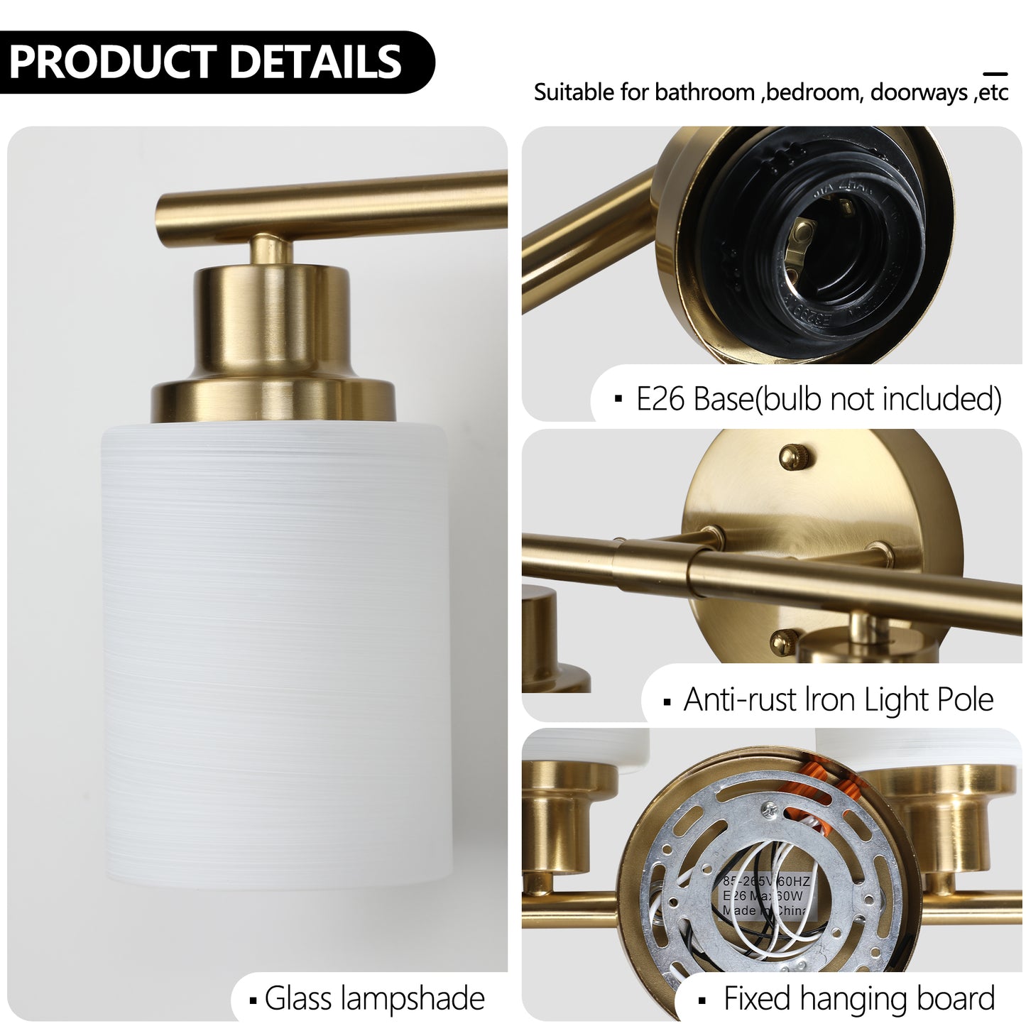 6-Light Vanity Light Bar for Bathrooms with Frosted Glass Shades, Contemporary Wall Mount, Golden