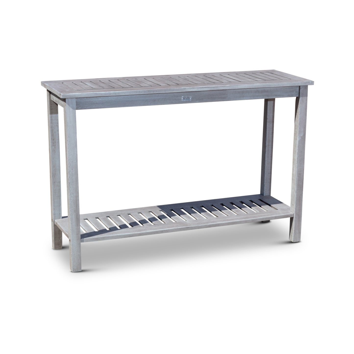 Outdoor Eucalyptus Console Table, 2-Shelf, Slatted Design, 48W x 16D x 32H, FSC-Certified, Silver Gray