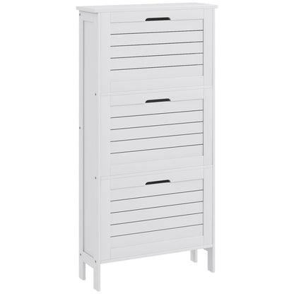 Slim Entryway Shoe Organizer Cabinet with 3 Flip Drawers and Louvered Doors, Holds 6 Pairs of Shoes, White Finish