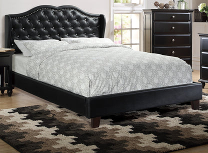 Luxurious Black Faux Leather Queen Bed Set with Wingback Headboard and Tufted Design