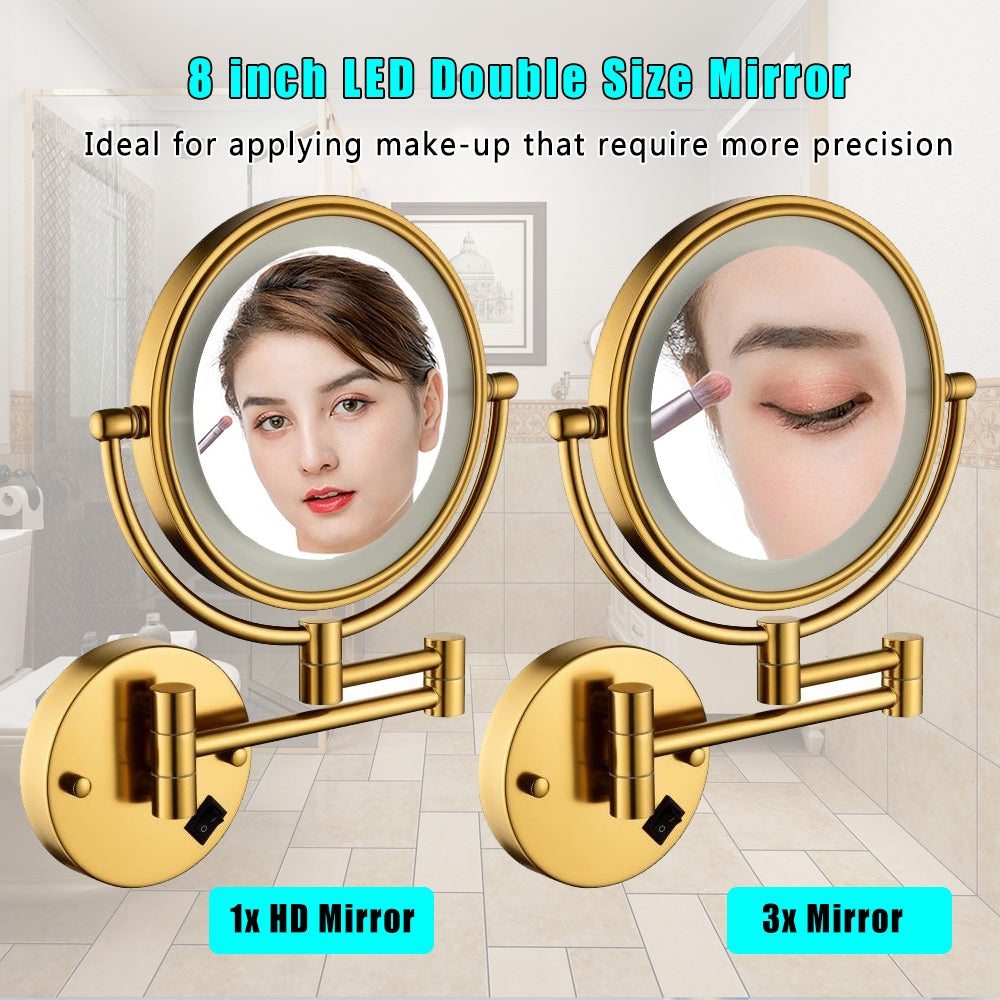 Gold Finish 8-Inch LED Dual-Sided Magnifying Vanity Mirror with 12-Inch Extension and 360-Degree Rotation