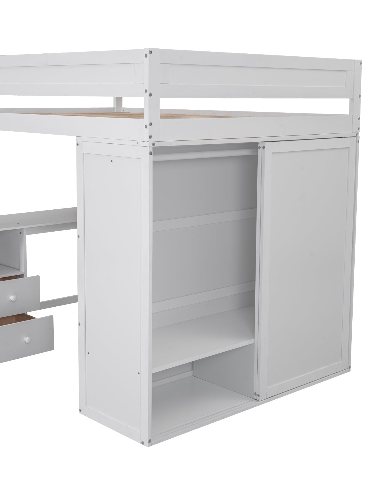 Space-Saving White Wood Loft Bed with Integrated Wardrobes and 2-Drawer Desk