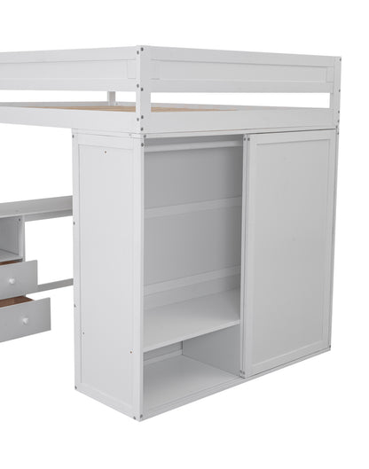 Space-Saving White Wood Loft Bed with Integrated Wardrobes and 2-Drawer Desk