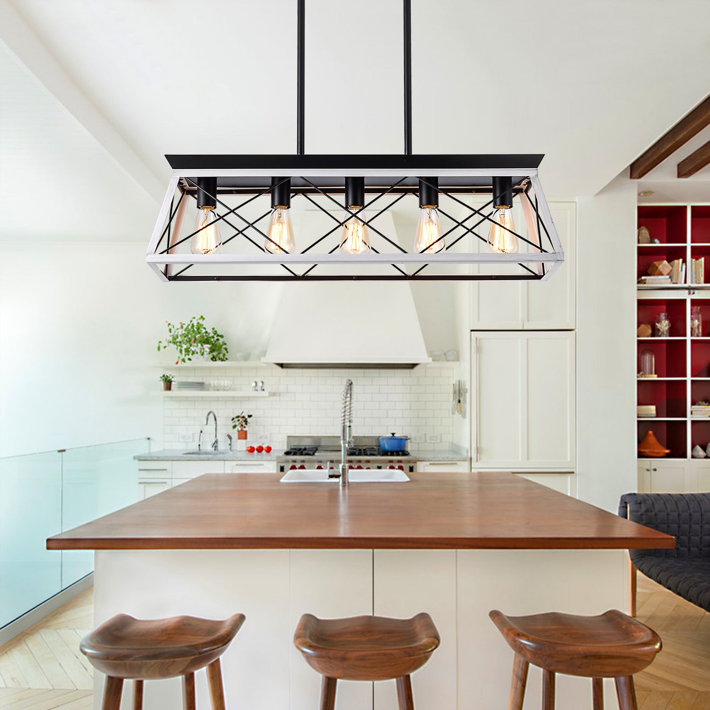 5-Light Farmhouse Pendant Chandelier for Dining Room & Island, Iron & Wood, E26, No Bulbs Included, White