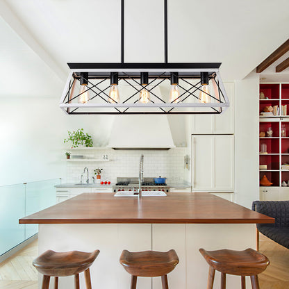5-Light Farmhouse Pendant Chandelier for Dining Room & Island, Iron & Wood, E26, No Bulbs Included, White