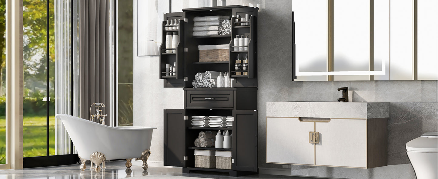 Tall Black Bathroom Storage Cabinet with Adjustable Shelf, Doors, and Drawer for Versatile Organization