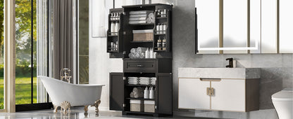 Tall Black Bathroom Storage Cabinet with Adjustable Shelf, Doors, and Drawer for Versatile Organization